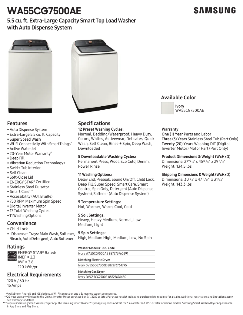 Página 1 del manual Ficha técnica Samsung WA55CG7500AE