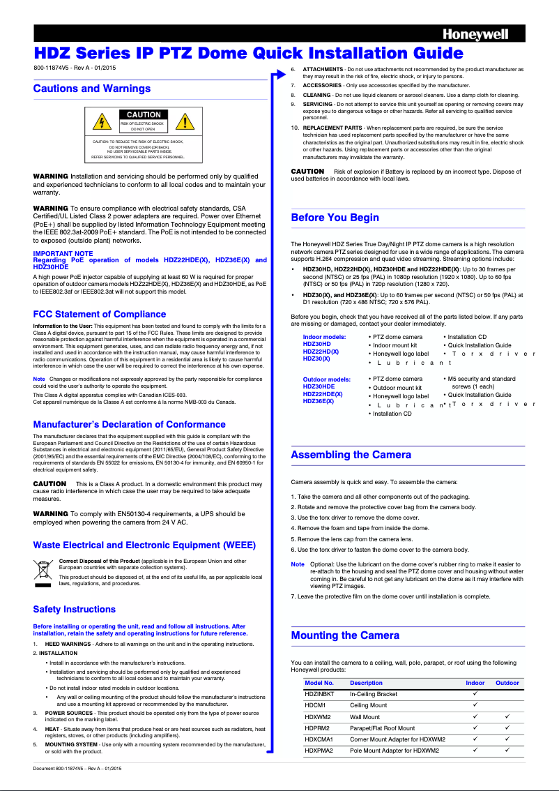 Page 1 de la notice Manuel utilisateur Honeywell HDZ22HD