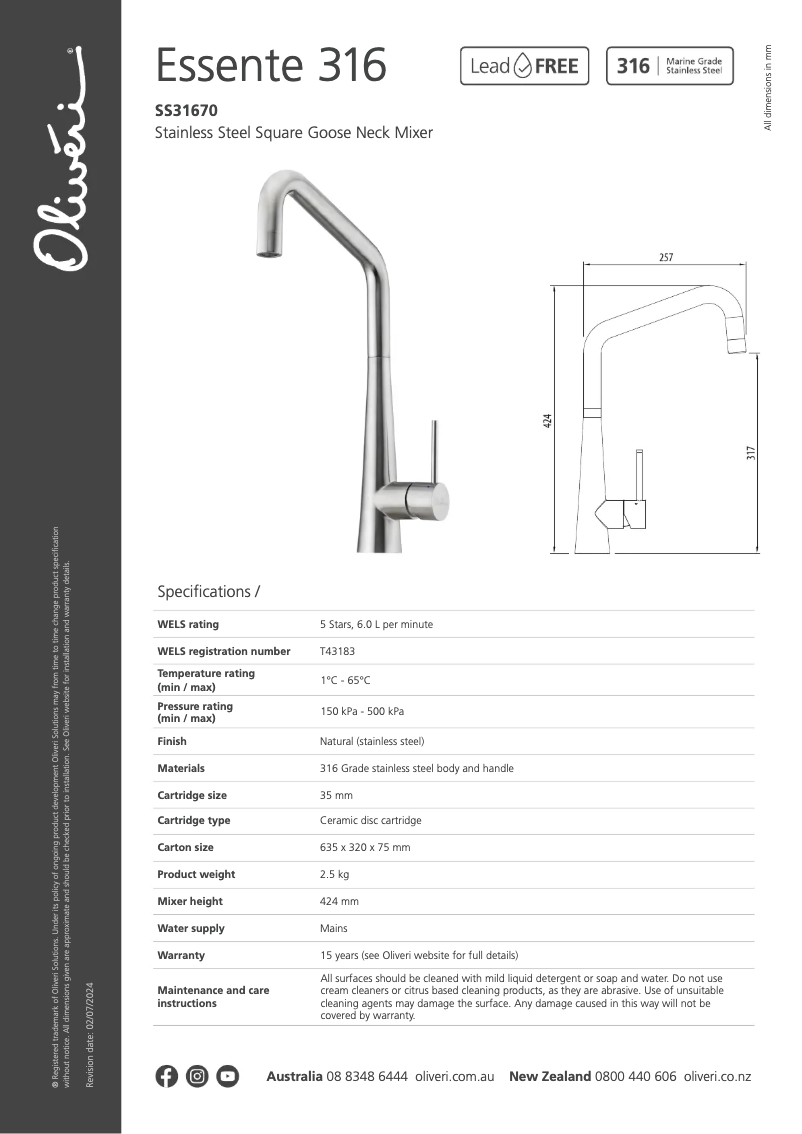 Page 1 de la notice Fiche technique Oliveri Essente SS31670