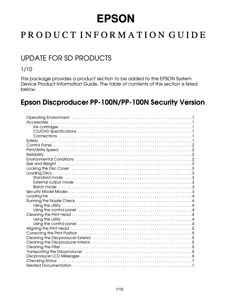 Page 1 de la notice Fiche technique Epson Discproducer PP-100N