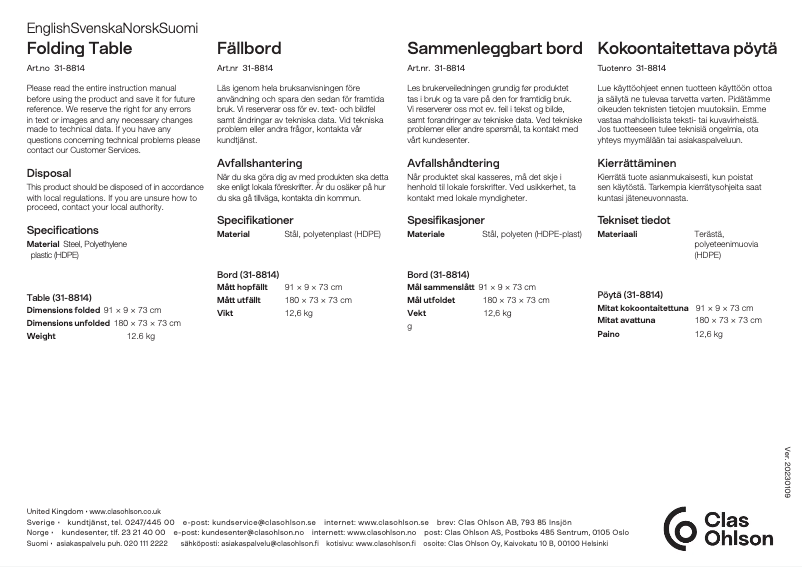 Page 1 de la notice Manuel utilisateur Clas Ohlson 31-8814