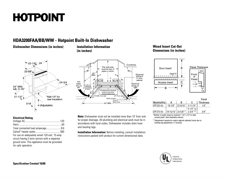 Page 1 de la notice Fiche technique Hotpoint HDA3200FBB