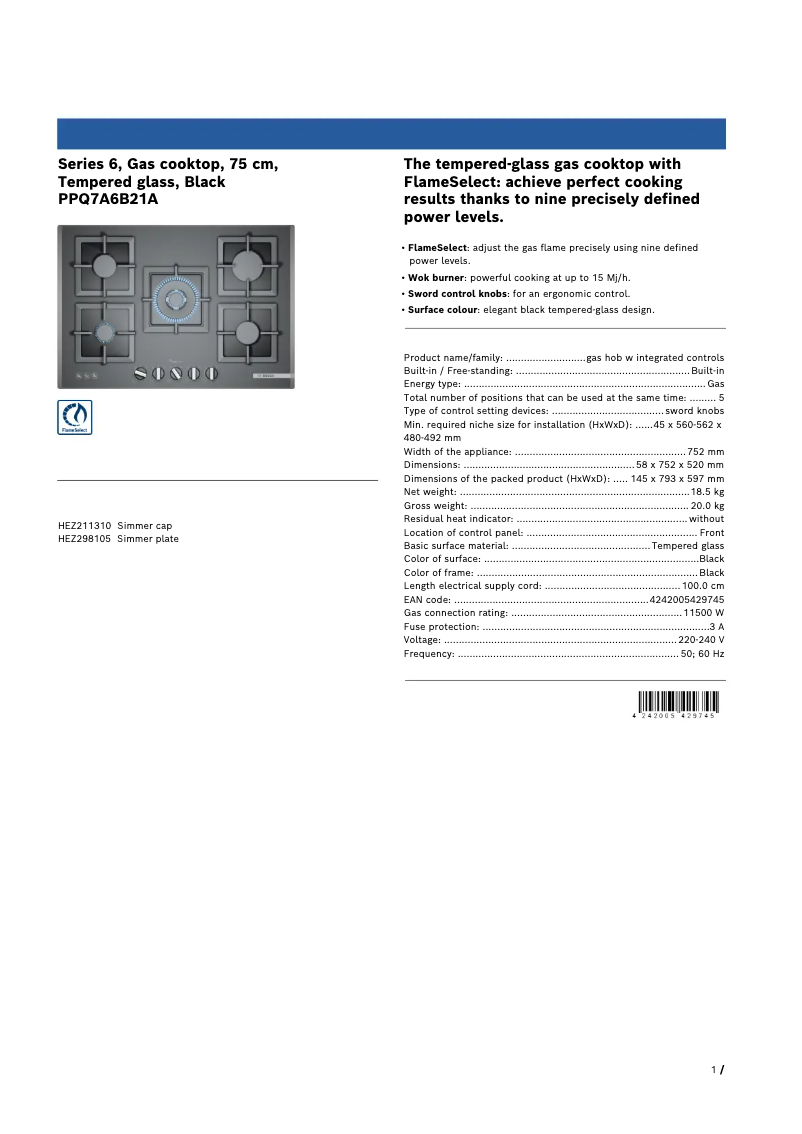 Page 1 de la notice Fiche technique Bosch PPQ7A6B21A