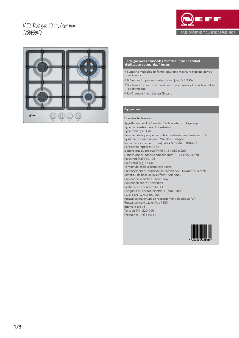 Página 1 del manual Ficha técnica Neff T26BB59N0