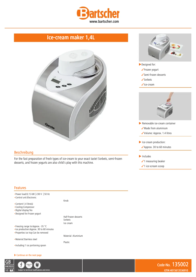 Página 1 del manual Ficha técnica Bartscher 135.002