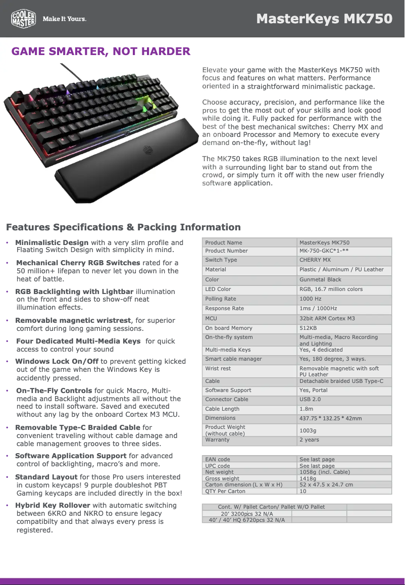 Page 1 de la notice Fiche technique Cooler Master MasterKeys MK750