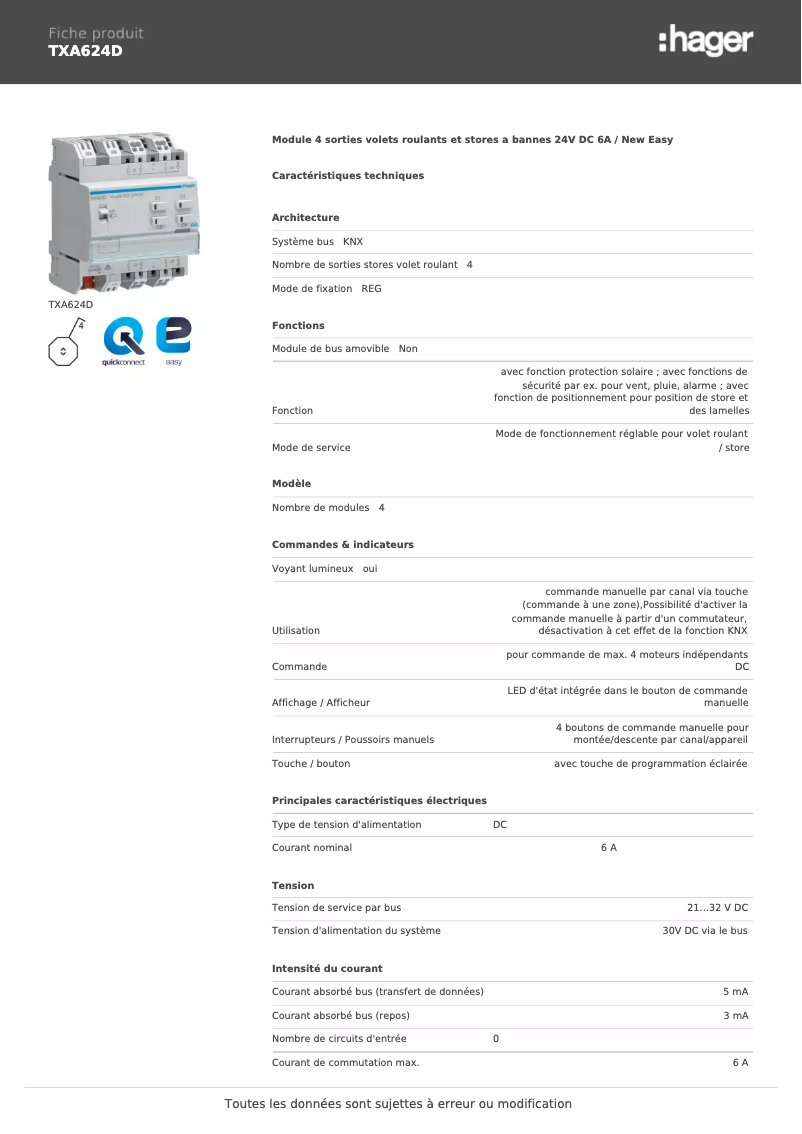 Page 1 of the manual Technical Sheet Hager TXA624D