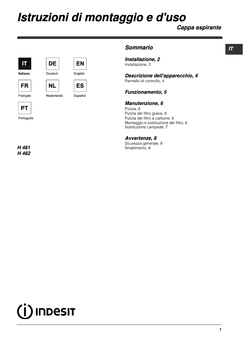 Page 1 de la notice Manuel utilisateur Indesit H 461