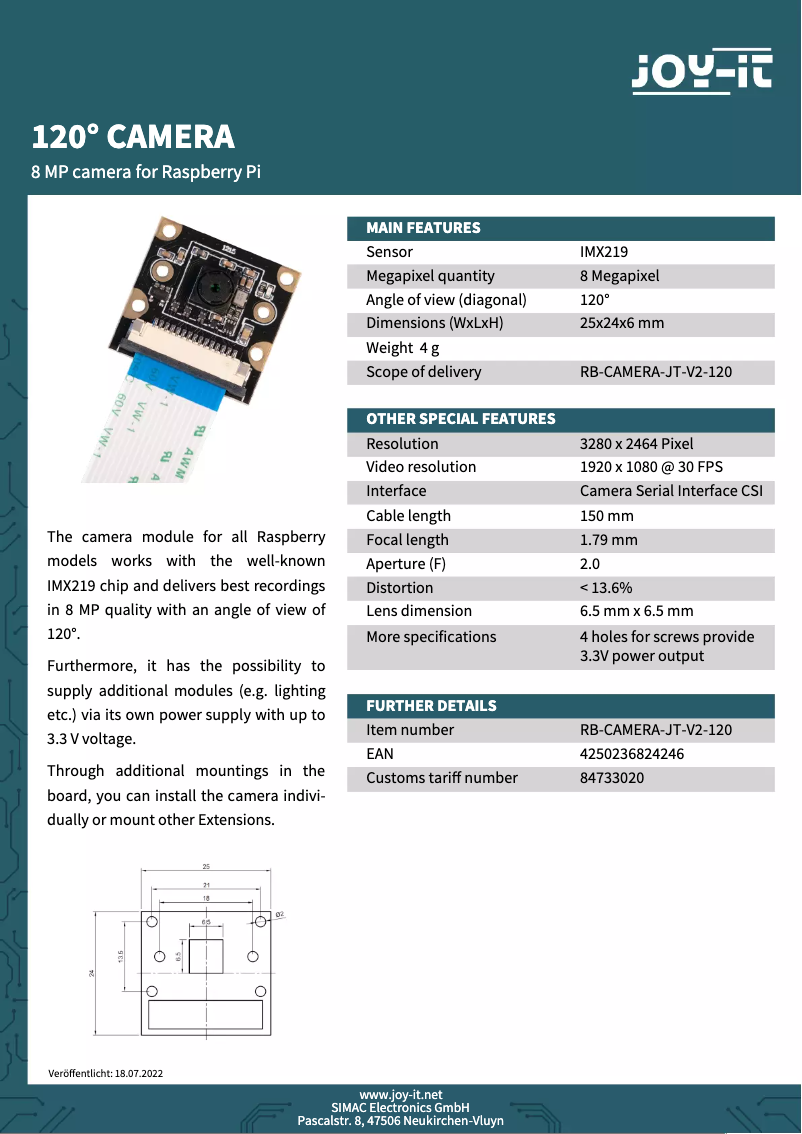 Página 1 del manual Ficha técnica Joy-It RB-CAMERA-JT-V2-120