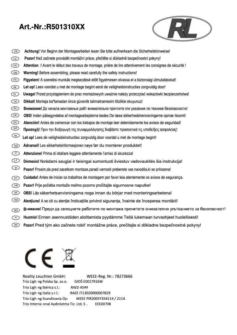 Page 1 de la notice Manuel utilisateur Trio Lighting Ping