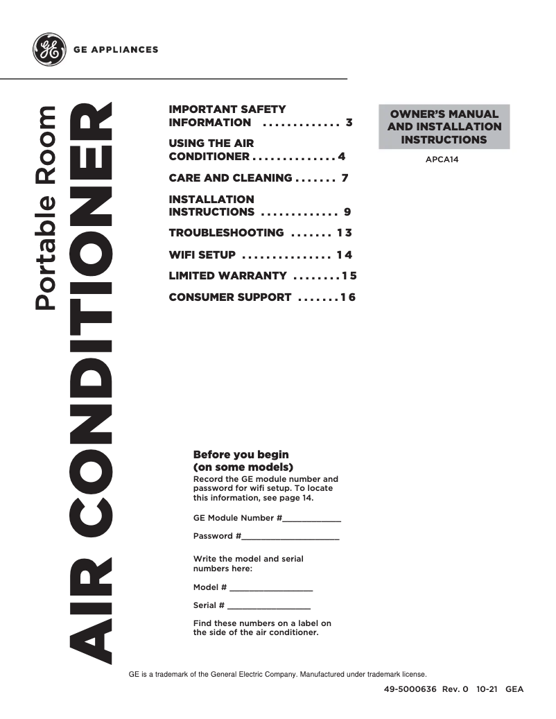 Página 1 del manual Manual de uso y mantenimiento GE APCA14YBMW