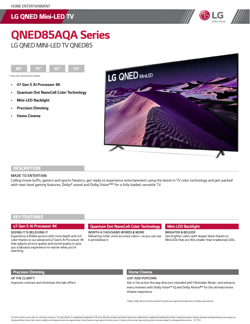 Page 1 de la notice Fiche technique LG 55QNED85UQA