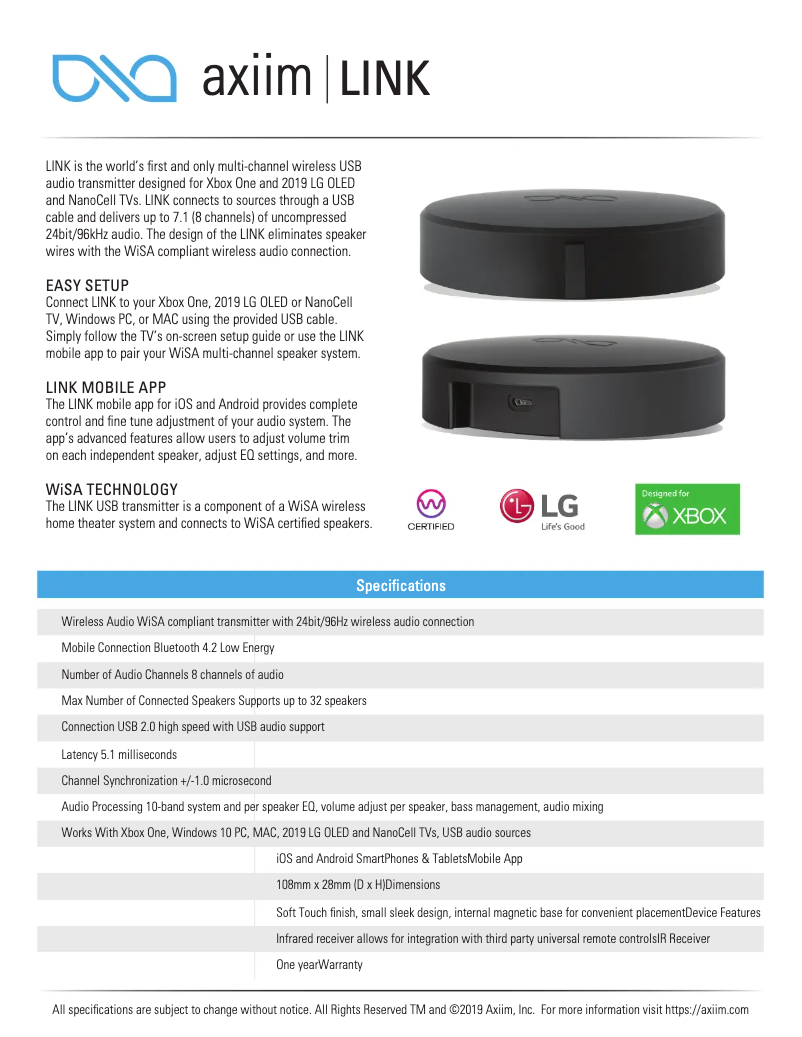 Page 1 de la notice Fiche technique Klipsch Axiim LINK