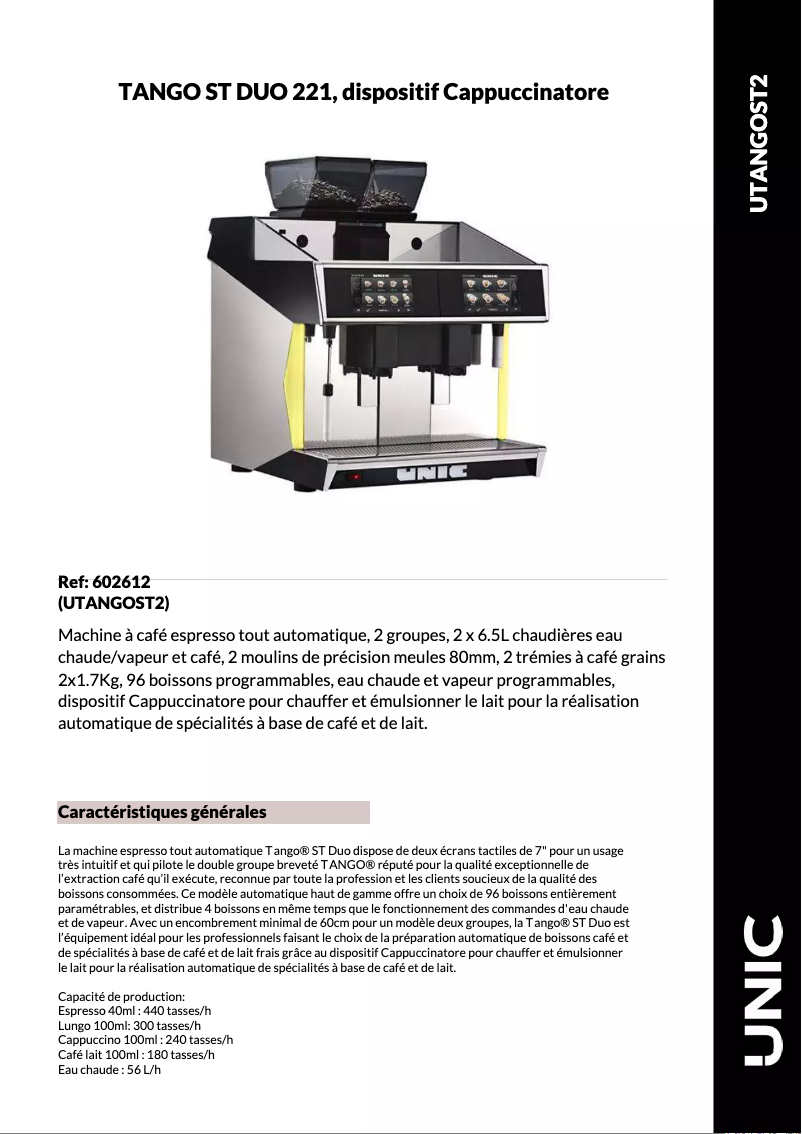 Page 1 de la notice Fiche technique UNIC Tango Duo ST