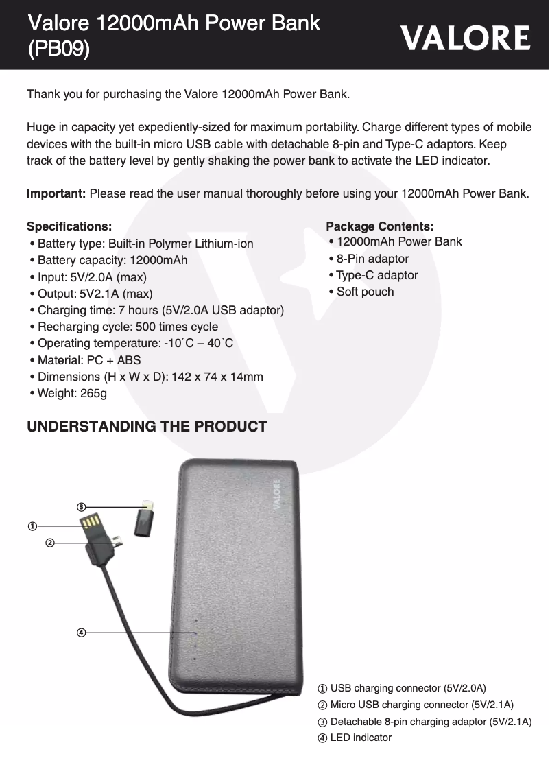 Page 1 de la notice Manuel utilisateur Valore PB09