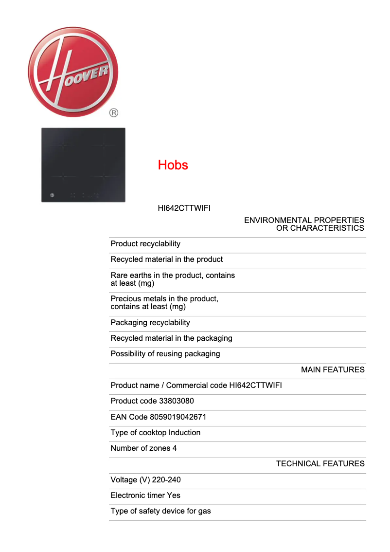 Page 1 de la notice Fiche technique Hoover HI642CTTWIFI