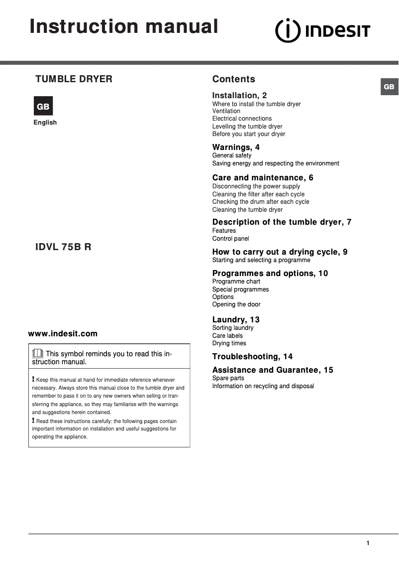 Página 1 del manual Manual de instrucciones Indesit IDVL 75 B R K (UK)