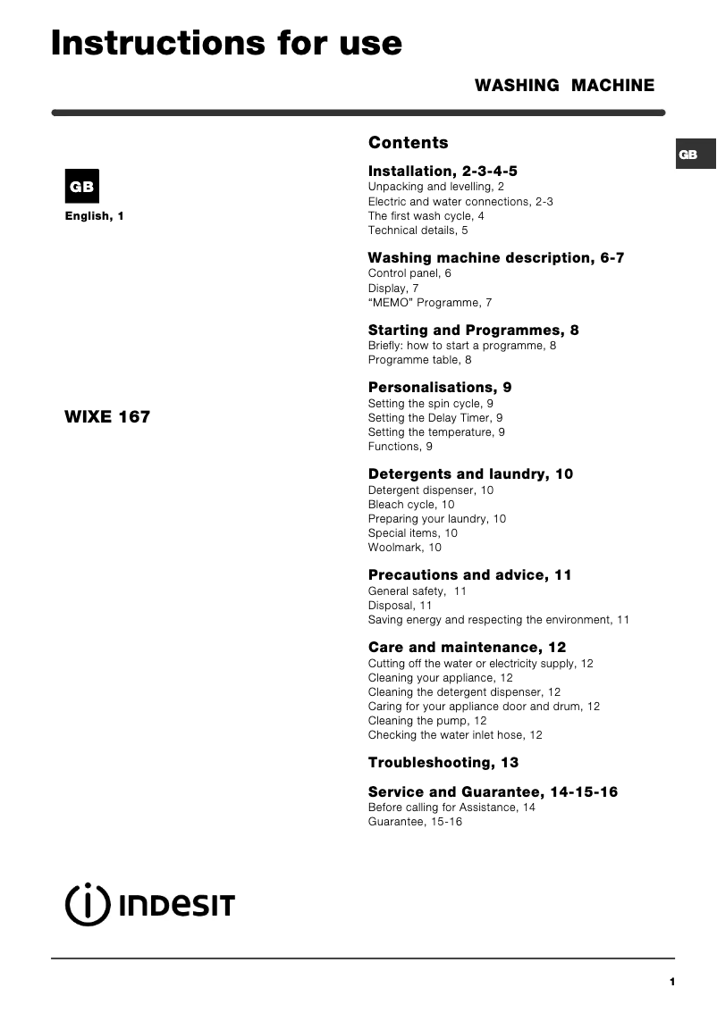 Page n°1 - Manuel utilisateur Indesit WIXE 167 (UK)