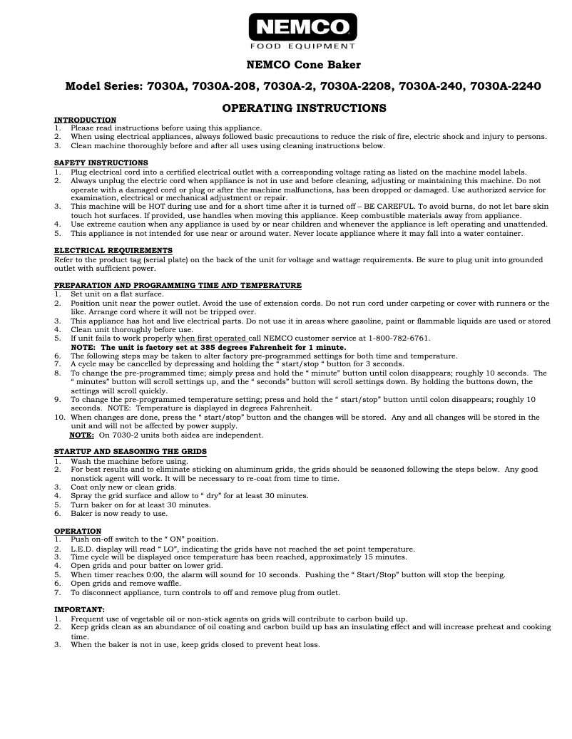 Page 1 de la notice Manuel utilisateur Nemco 7030A-240