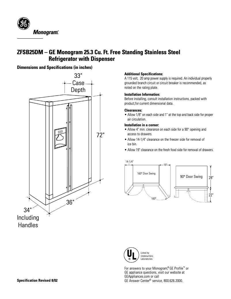 Page n°1 - Fiche technique GE ZFSB25DMSS