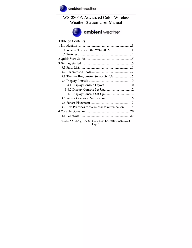 Page 1 de la notice Manuel utilisateur Ambient Weather WS-2801A