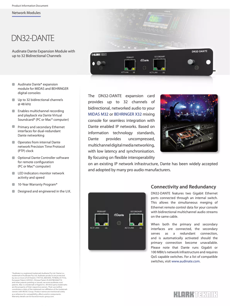Página 1 del manual Ficha técnica Klark Teknik DN32-DANTE