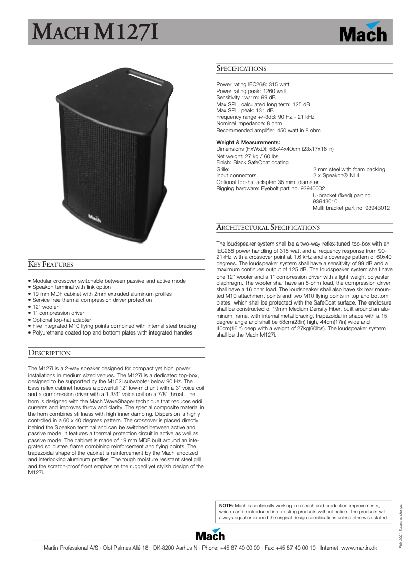 Page 1 of the manual Technical Sheet Martin M127i