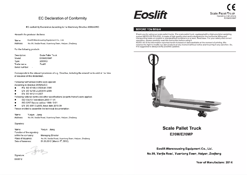 Page 1 de la notice Manuel utilisateur Eoslift E20MP