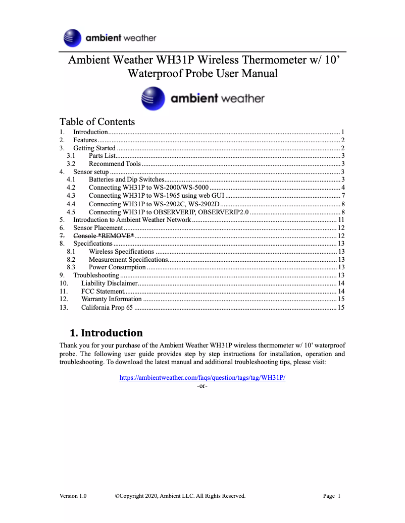 Page 1 de la notice Manuel utilisateur Ambient Weather WH31P