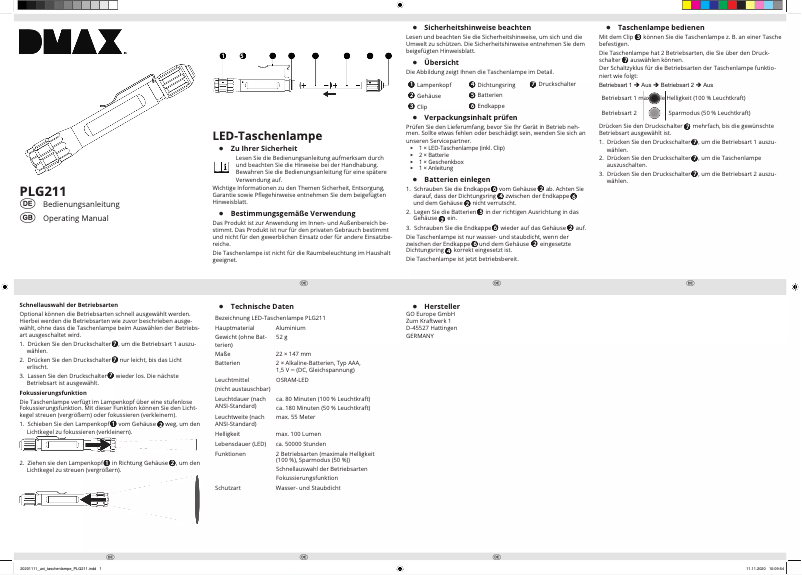 Page 1 de la notice Manuel utilisateur Olympia PLG 211