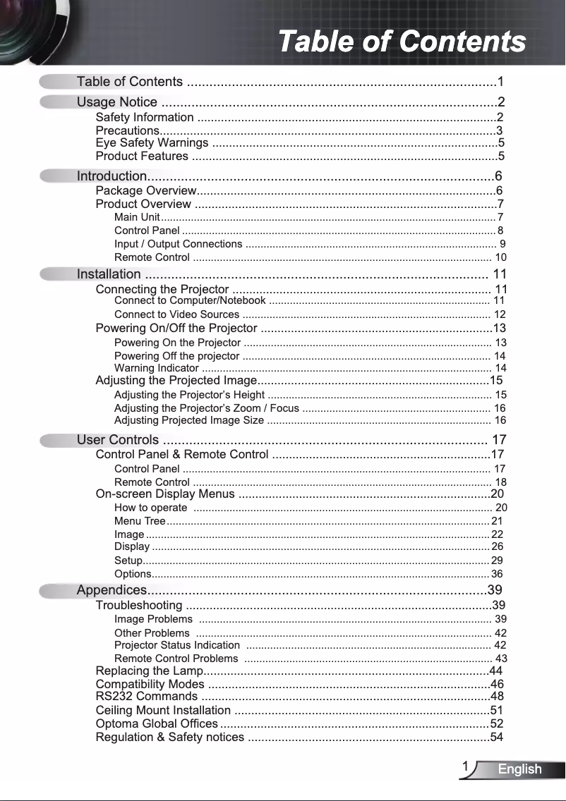 Page 1 de la notice Manuel utilisateur Optoma EX526