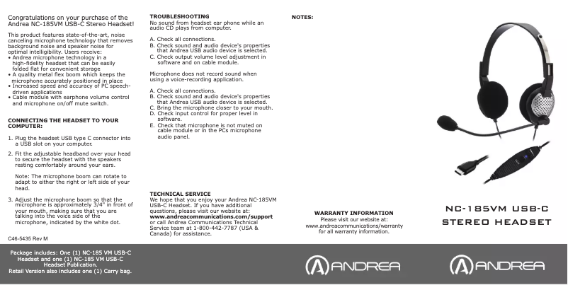 Page 1 de la notice Manuel utilisateur Andrea NC-185VM