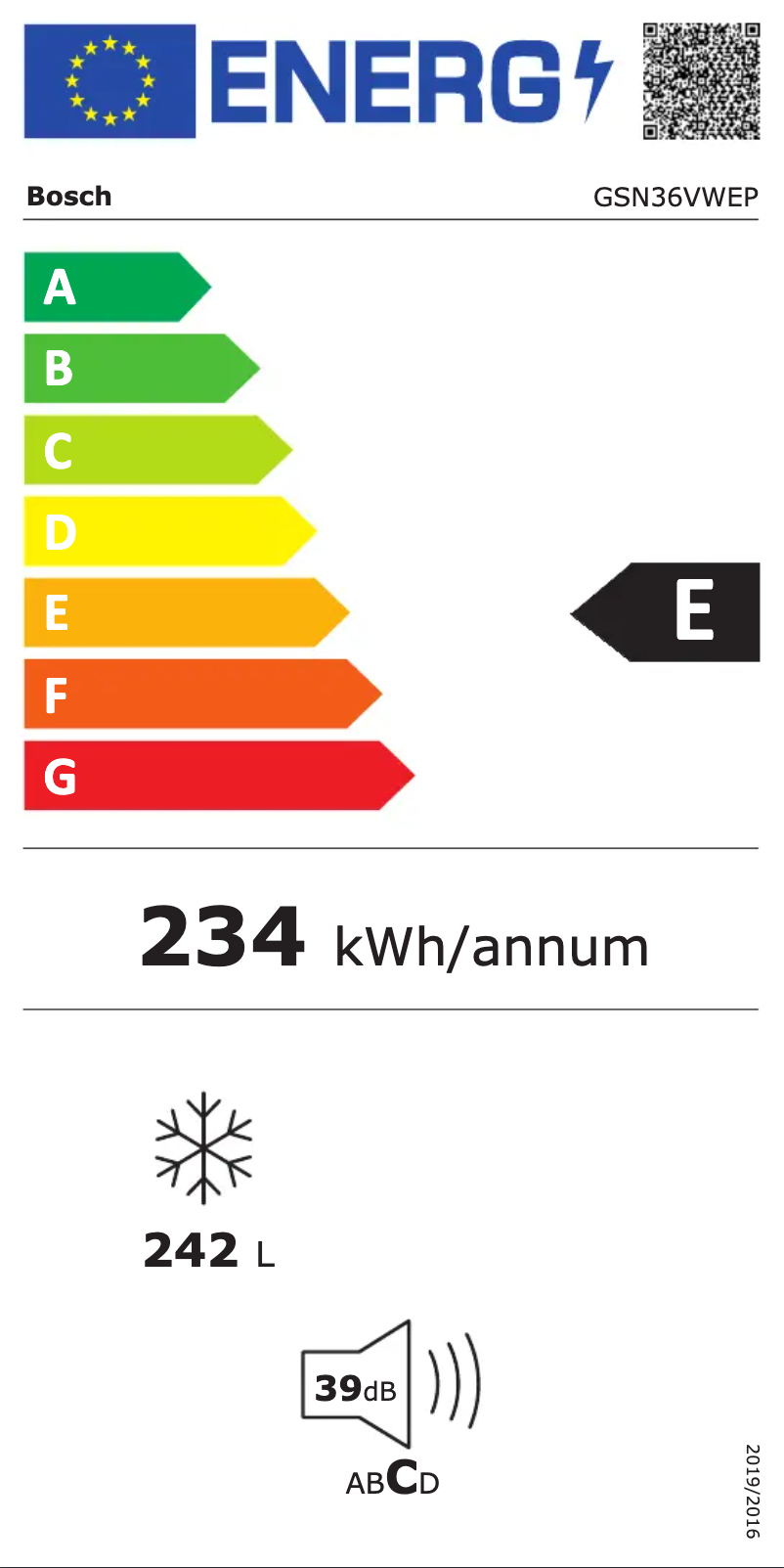Page 1 de la notice Label énergétique Bosch GSN36VWEP