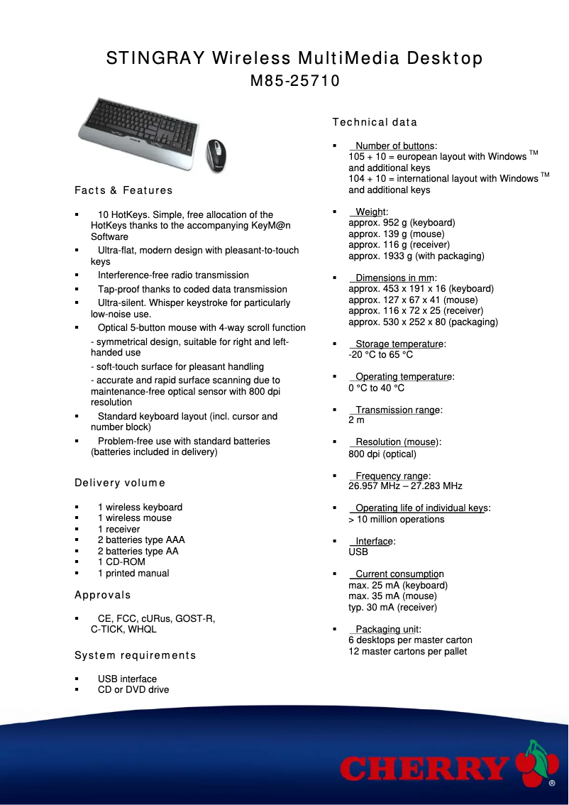 Page 1 de la notice Fiche technique Cherry eVolution STINGRAY
