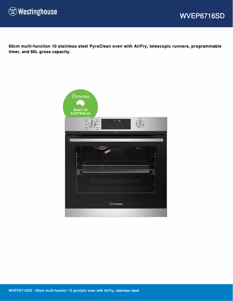 Page 1 de la notice Fiche technique Westinghouse WVEP6716SD