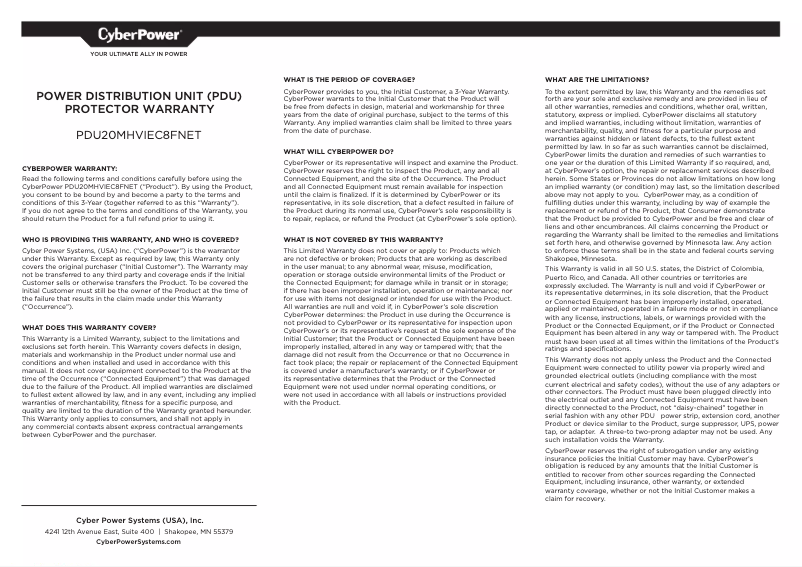 Page 1 de la notice Informations de garantie CyberPower PDU20MHVIEC8FNET