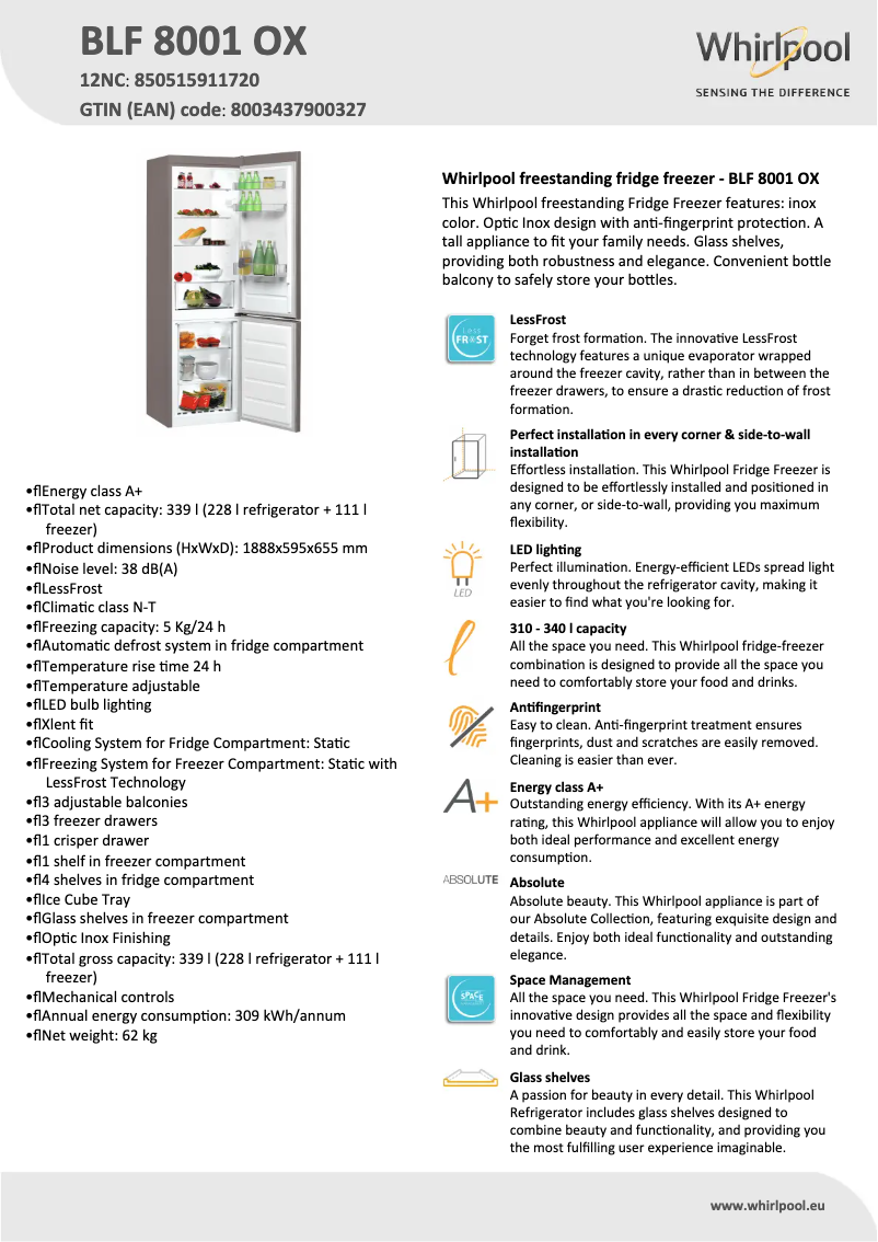 Page 1 of the manual Technical Sheet Whirlpool BLF 8001 OX