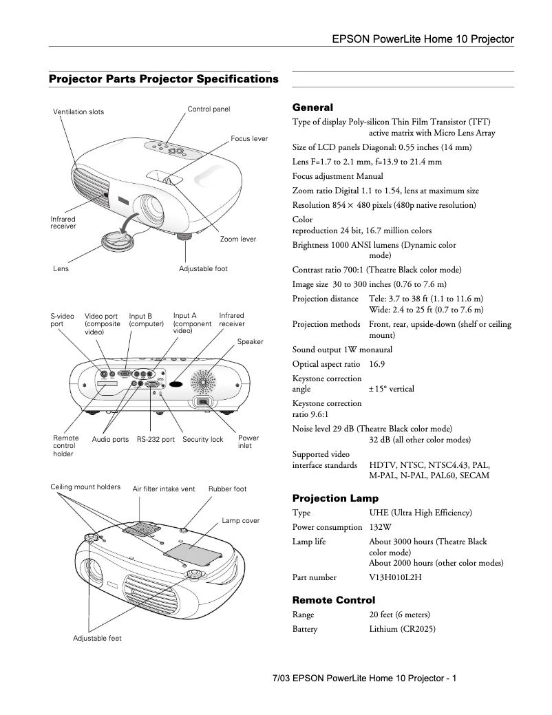 Página 1 del manual Ficha técnica Epson PowerLite Home 10