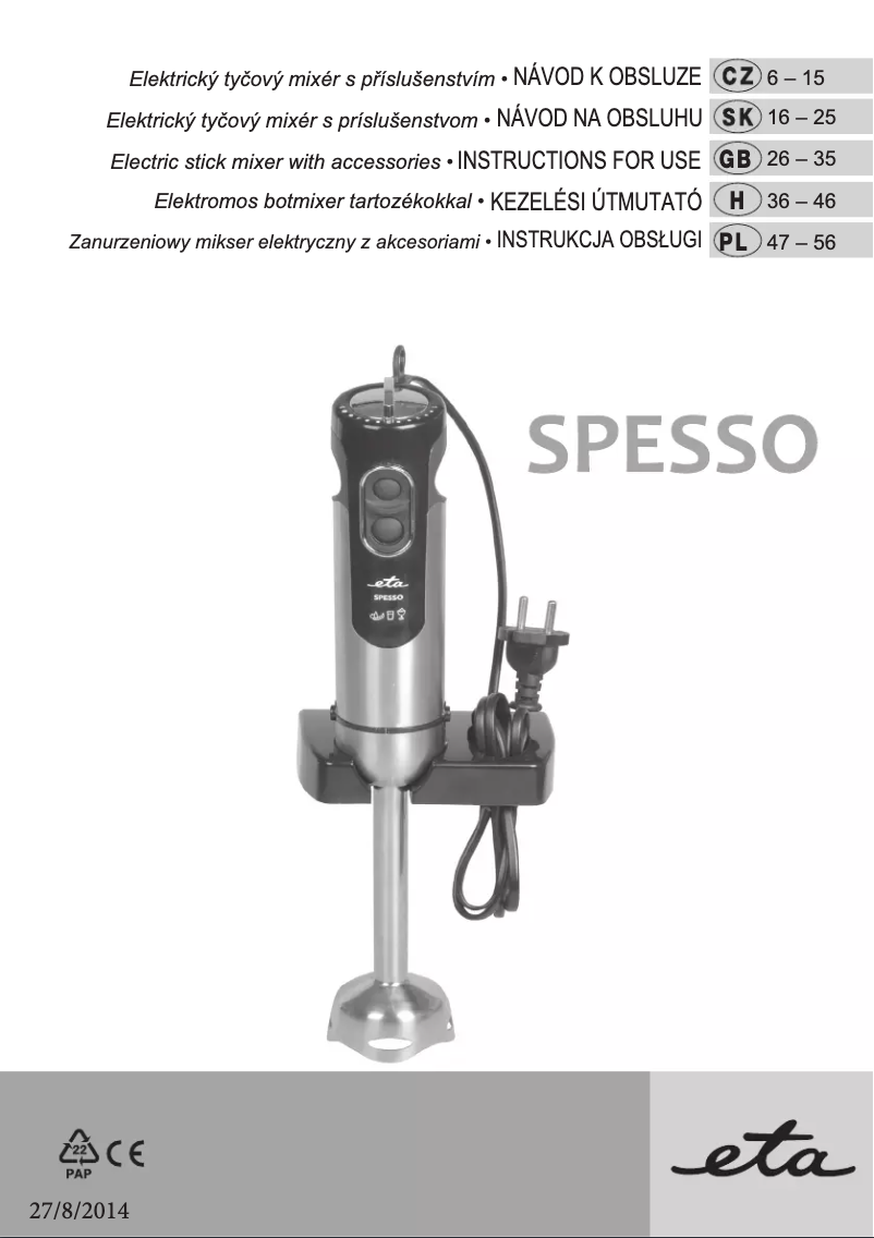 Page 1 de la notice Manuel utilisateur Eta Spesso
