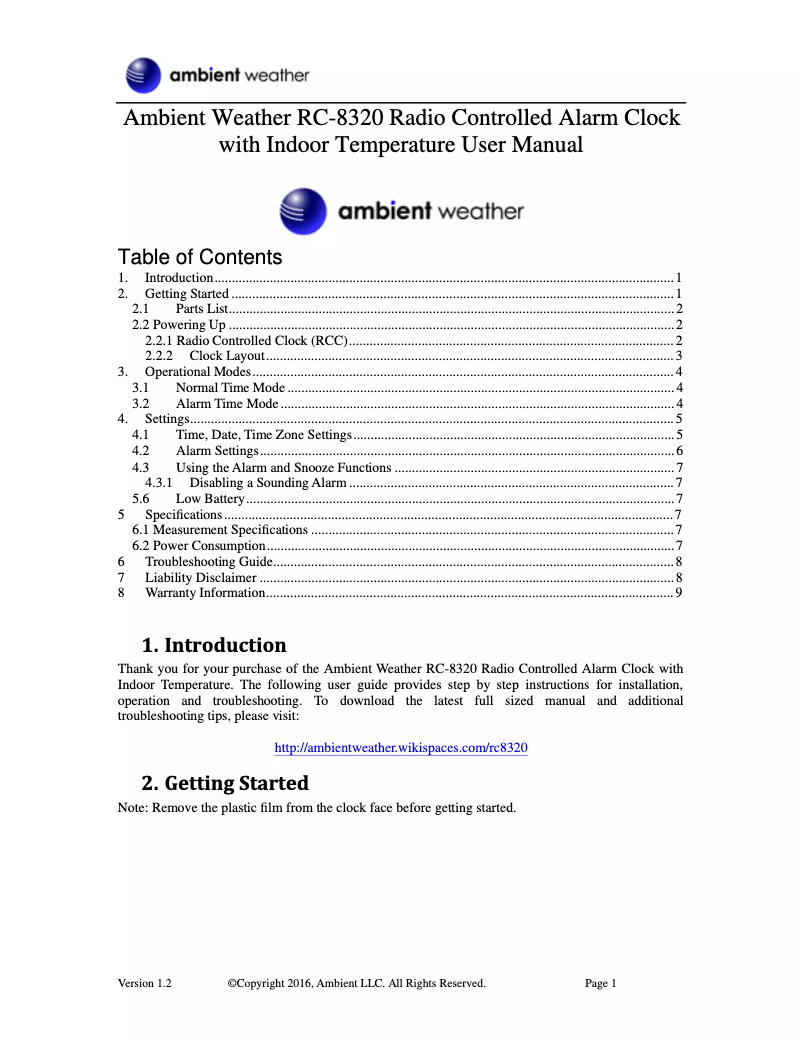 Page 1 de la notice Manuel utilisateur Ambient Weather RC-8320