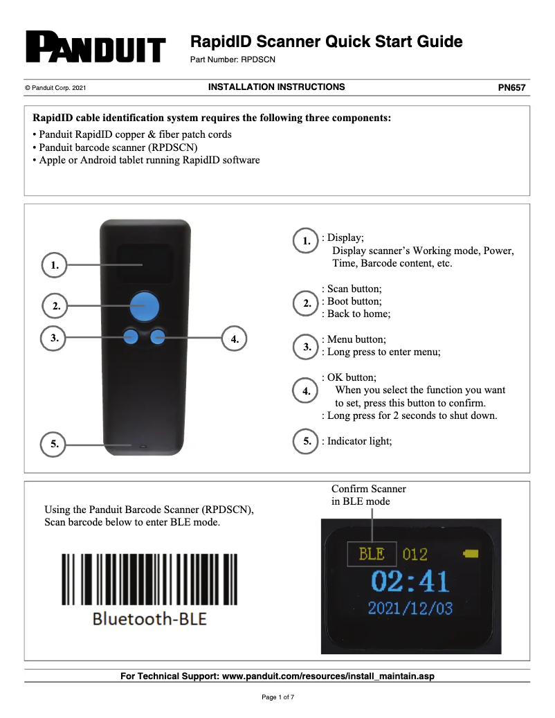 Page 1 de la notice Manuel utilisateur Panduit Scanner RPDSCN