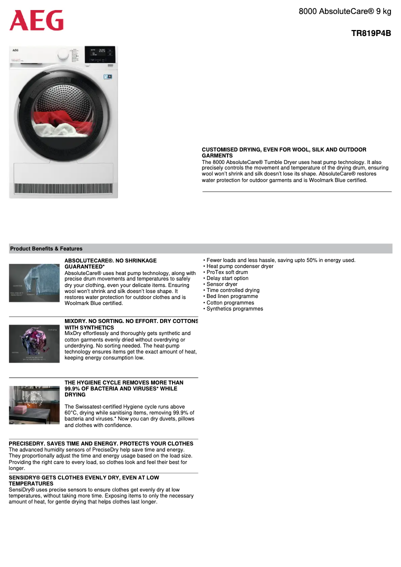 Página 1 del manual Ficha técnica AEG TR819P4B
