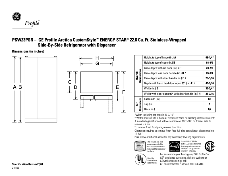 Page n°1 - Fiche technique GE Profile CustomStyle PSW23PSRSS