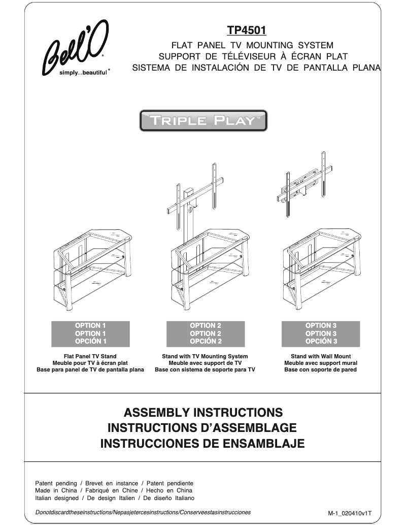 Page 1 de la notice Manuel utilisateur Bell'O TP-4501