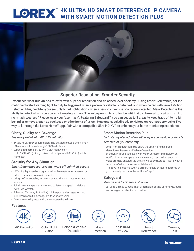 Page 1 de la notice Fiche technique Lorex E893AB Series