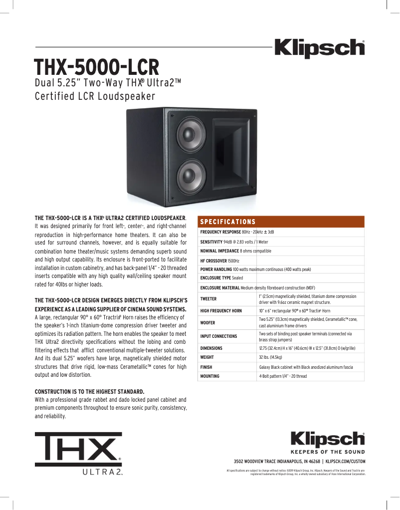Page 1 de la notice Fiche technique Klipsch THX-5000-LCR