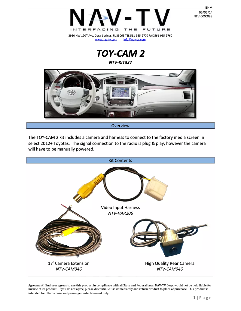 Page 1 de la notice Manuel utilisateur NAV-TV NTV-KIT057