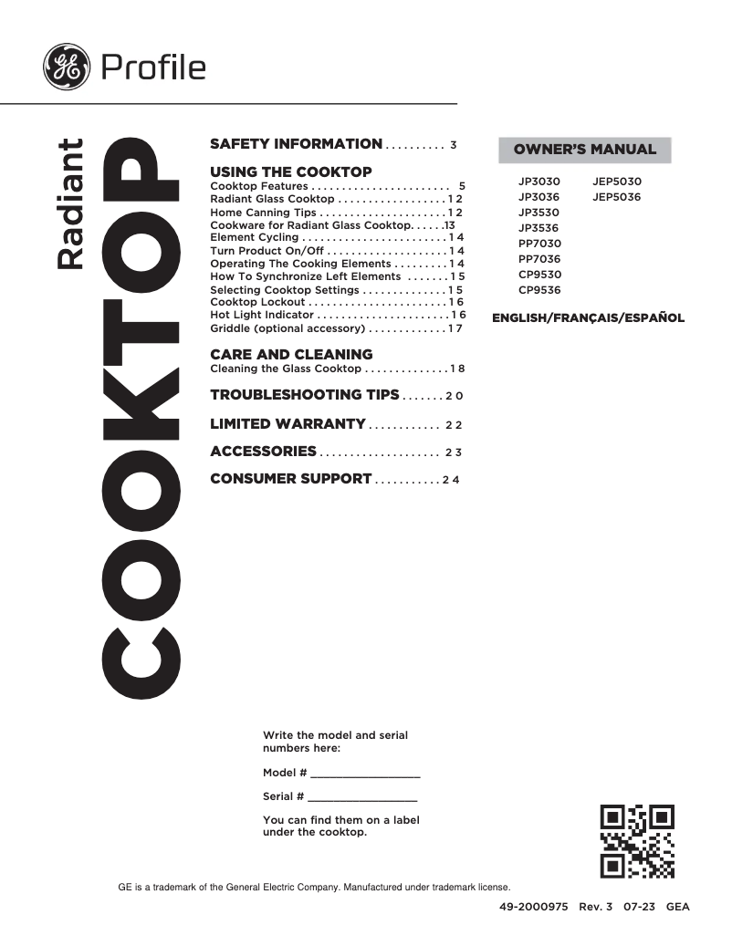 Página 1 del manual Manual de uso y mantenimiento GE JEP5036STSS