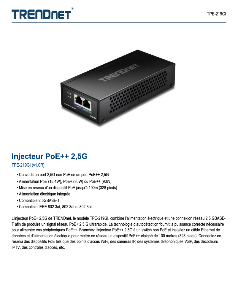Page 1 de la notice Fiche technique TRENDnet TPE-219GI