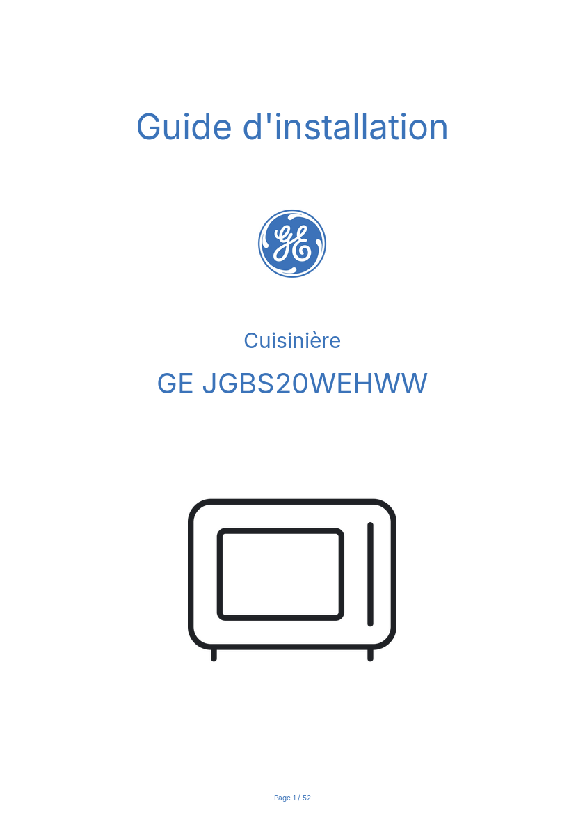 Page 1 de la notice Guide d'installation GE JGBS20WEHWW